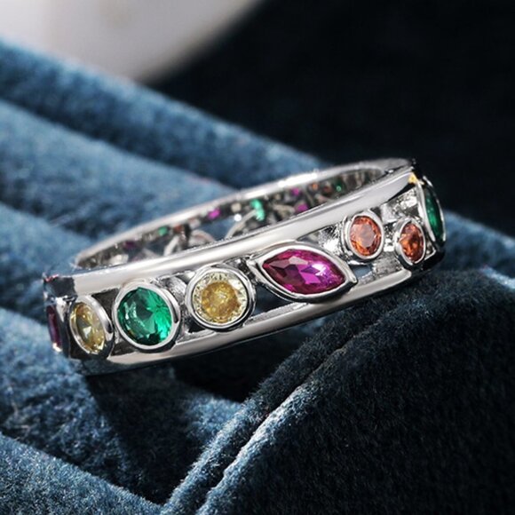 💥Colorful CZ Multi Shapes Eternity Beautiful Fashion Ring for Women, UNVN12301 - Picture 1 of 4
